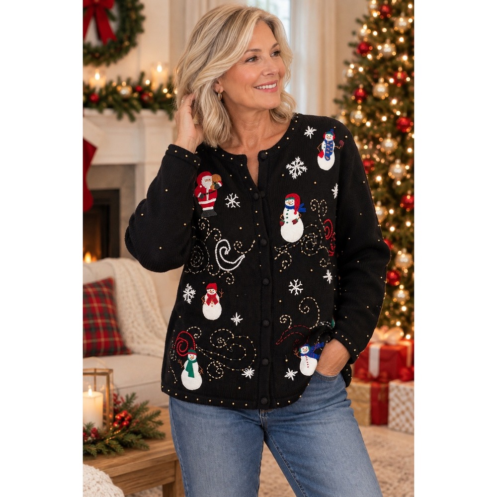 ERIKA Christmas Cardigan Sweater Women L Santa Snowman Embellished Holiday Black